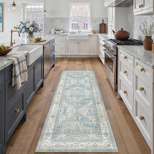 2x5 Washable Vintage Runner Rug Blue Oriental Hallway Kitchen Throw Rug Neutral Non Slip Soft Low Pile Carpet for Bathroom Laundry Bedroom Living Room