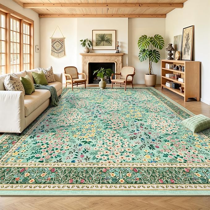 8x10 Area Rugs, Machine Washable Low Pile Floral Rugs for Living Room, Bedroom, Large Boho Area Rug with Non-Slip Backing for Dining Room(Green Floral)