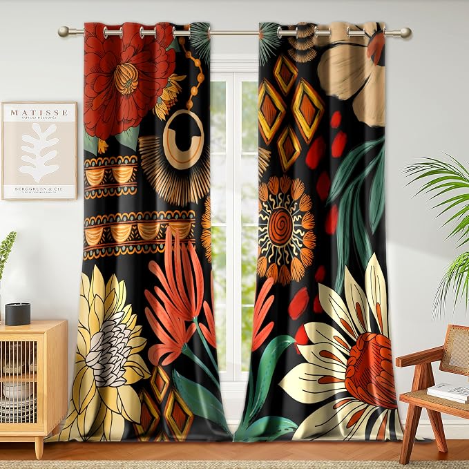 Tyrot 100% Blackout Black Boho Floral Curtains for Living Room 108 inch Extra Long 2 Panels Mid Century Botanical Black Out Curtains for Bedroom Thermal Insulated Room Darkening Window Drapes,52Wx108L