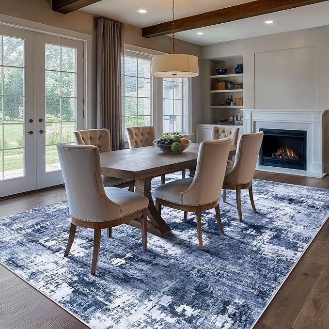 DMOYEST Area Rug Living Room Rugs - 6x9 Washable Large Soft Indoor Neutral Modern Abstract Low Pile Rug Carpet for Bedroom Dining Room Farmhouse Home Office - Navy Blue