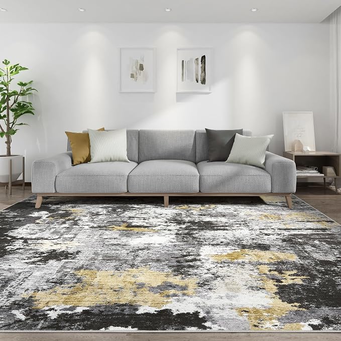 Abstract 11x14 Area Rug: Machine Washable Non Slip Ultra Thin Low-Pile Carpet, Soft Stain Resistant for Living Dining Room Bedroom, Kid Pet Friendly, Robot Vacuum Compatible - Black Gold