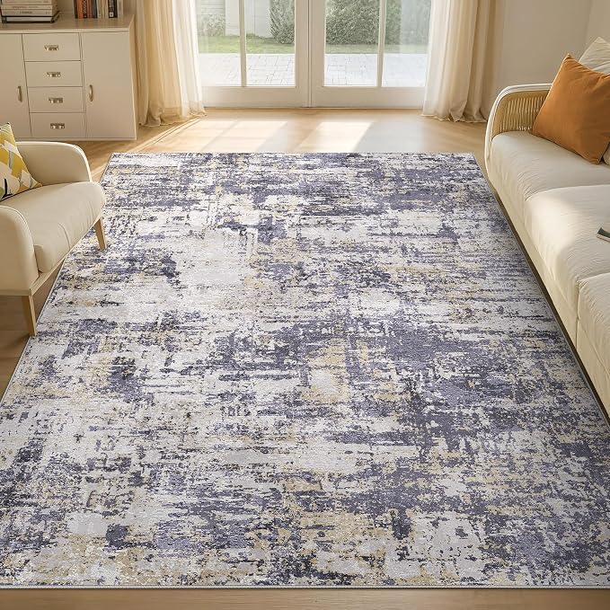 Tortania Area Rug Living Room Rugs - 7x9 Modern Abstract Neutral Large Soft Thin Rugs - Non Slip Indoor Carpet for Bedroom Dining Room Office Nursery Home Floor Decoration - Purple