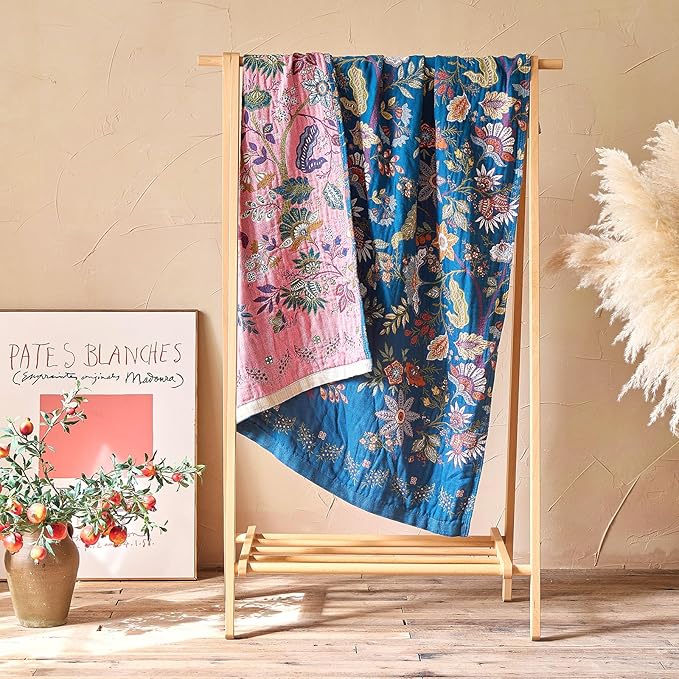 Boho Throw Blanket - 100% Cotton Ultra Soft Muslin Spring Blanket, 60"x80" Lightweight Floral Butterfly Framhouse Bedding Blanket for Bed, All Season Blue Bohemian Bedroom Home Decor Quilt