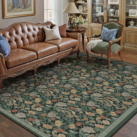 HUGEAR Retro Area Rugs 5x7 Washable Living Room Bedroom Rugs Vintage Floral Throw Carpet Dark Green Stain Resistant Non Slip Low Pile for Home Aesthetic Modern Decor