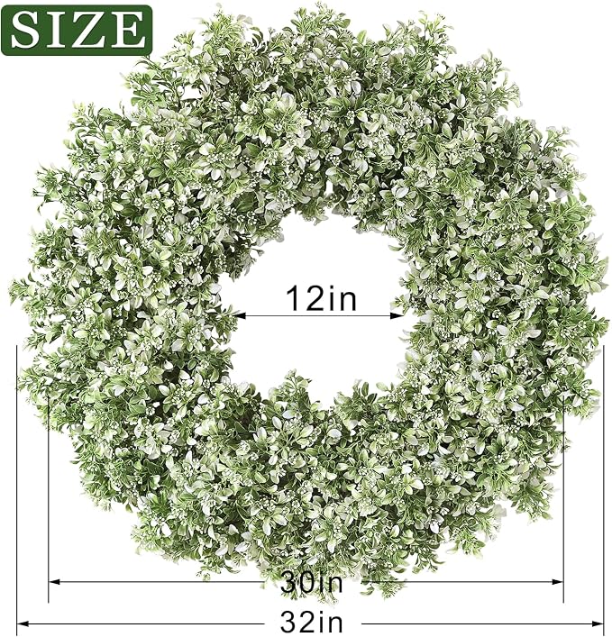 32" Large Artificial Boxwood Wreath for Front Door (White-Green) | Waterproof Fade Resistant,Premium Durable,Faux Aglaia Odorata Wreath,for Wall Window Farmhouse Outdoor All Seasons Decor