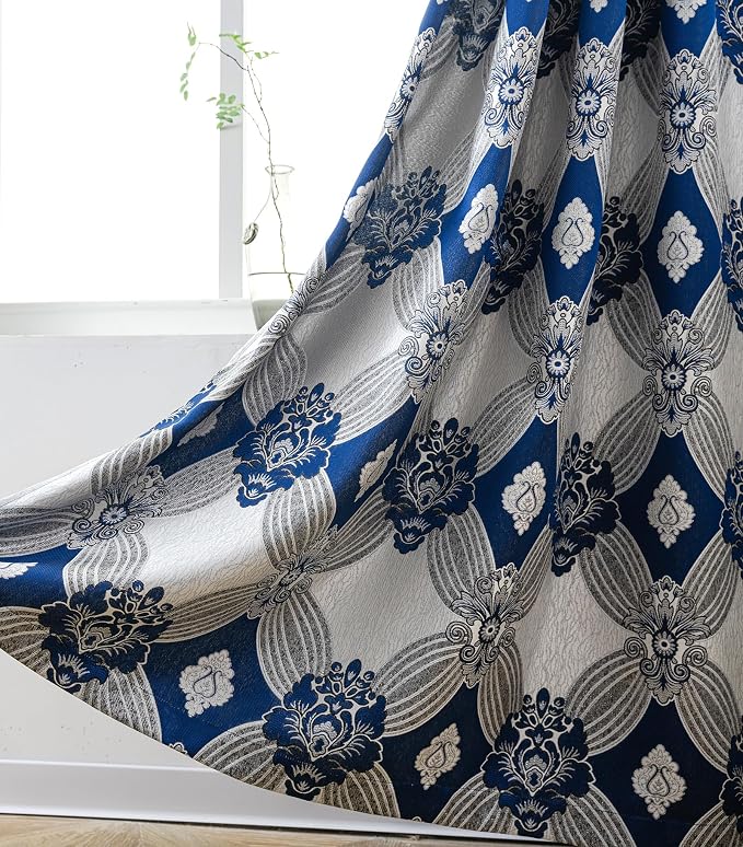 Petrichor Elegant Curtains with Gold Silver Threads 2 Panels Set - Luxury Window Treatment Attached Valance, Sheer Backing, and 2 Tie Backs for Bedroom and Living Room, 54x63 inches, Navy