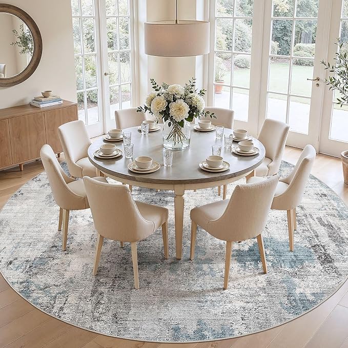 Abstract 12FT Round Rug: Machine Washable Non Slip Ultra Thin Low-Pile Carpet, Soft Stain Resistant for Living Dining Room Bedroom, Kid Pet Friendly, Robot Vacuum Compatible - Grey Blue
