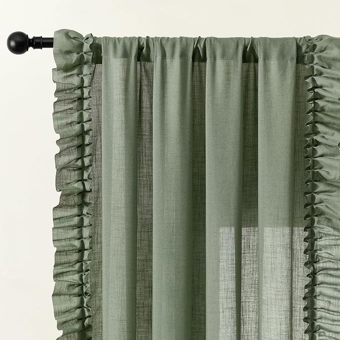 Dark Sage Green Ruffle Curtains 96 Inch Length, 2 Panels, W58xL96 In, Linen Textured Boho Farmhouse Flowy Curtains for Living Room Rod Pocket Privacy Light Filtering Semi-Sheer Scalloped Linen Curtain