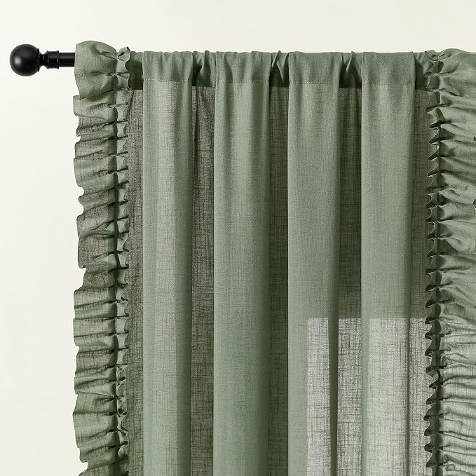 Dark Sage Green Ruffle Curtains 72 Inch Length, 2 Panels, W58 x L72 In, Linen Textured Boho Farmhouse Scalloped Curtains for Living Room, Rod Pocket Privacy Light Filtering Semi-Sheer Cottage Curtain