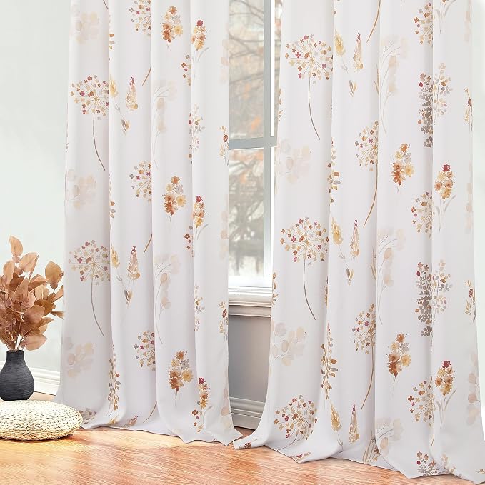 XTMYI Orange Curtains 63 Inch Lenght for Bedroom 2 Panels 80% Blackout Grommet Room Darkening Flower Leaves Print Patterned Fall Curtains for Living Room,63 Inches Long,Burnt Orange and Rust Brown