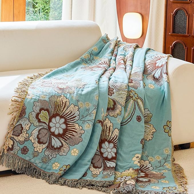 VANJOROY King Boho Throw Blanket 91" x 98", 100% Organic Cotton Breathable Skin-Friendly Ultra Soft Bed Quilt Blue Throw - Floral Rustic Decor Luxury Reversible Blanket for Sofa Couch Chair and Gift