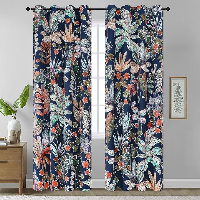 Estelar Textiler Navy Blue Maple Leaves Blackout Curtains 102 inch Length 2 Panels,Grommet Drapes for Bedroom Living Room, Colorful Leaf Pattern Designs Nature Print Window Treatment Decor, 52Wx102L