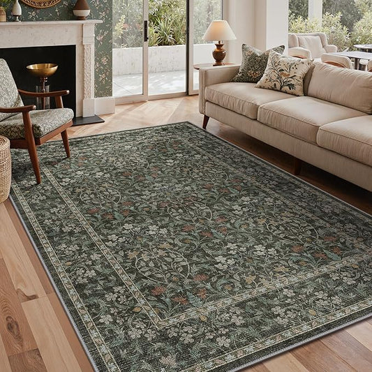 GENIMO 5x7 Washable Area Rugs for Living Room, Non Slip, Black | Vintage Boho Floral Low Pile Thin Carpet for Bedroom, Dining Room, Nursery, Indoor Decor