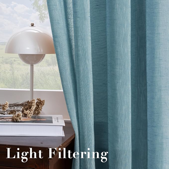 H.VERSAILTEX Linen Curtains Natural Linen Semi-Sheer Curtains Nickel Grommet Privacy Added Premium Soft Rich Material Linen Curtain Panels for Bedroom - 52x84 Inch - Turquoise