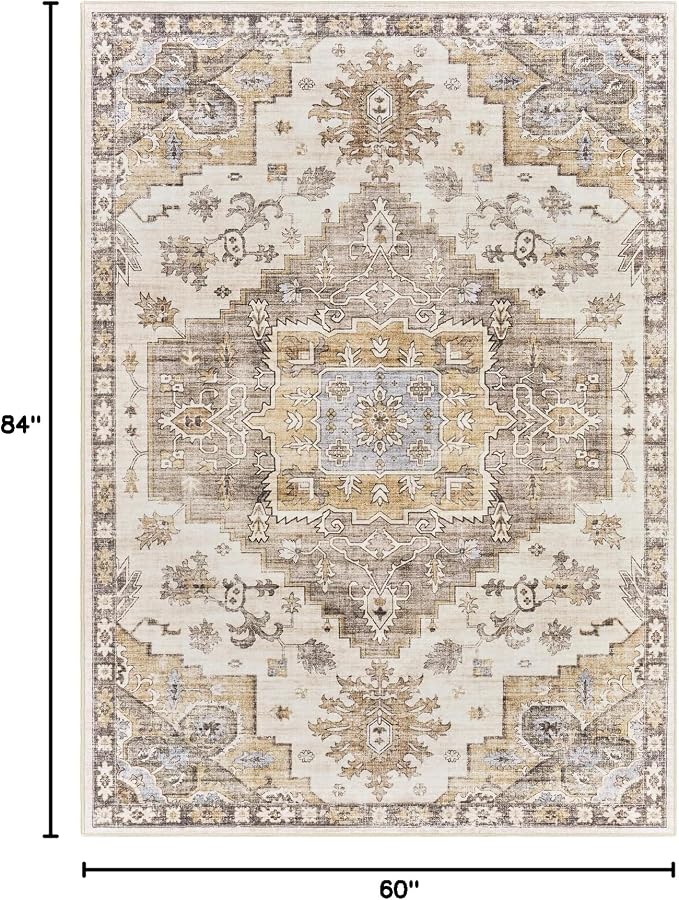 befbee 5x7 Area Rugs for Living Room, Stain Resistant Neutral Washable Rugs for Dining Rooms, Floral Vintage Non-Slip Thin Large Size Area Rug(Brown)