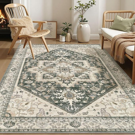 Area Rug for Living Room - 6x9 Washable Oriental Vintage Floral Large Soft Carpet - Fade Stain Resistant Non Slip Rugs for Bedroom Dining Room Nursery Dorm Office Home Decor - Vintage Green