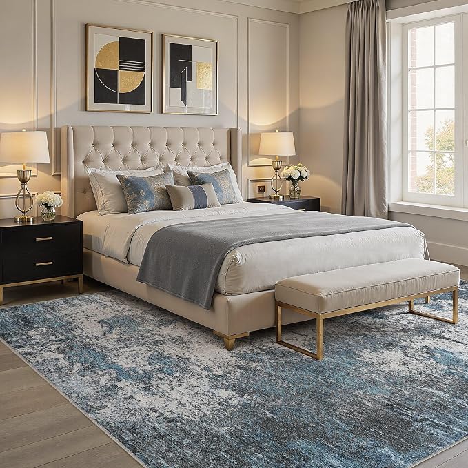 DMOYEST Area Rug Living Room Rugs - 10x14 Large Soft Indoor Neutral Modern Abstract Low Pile Washable Rug Carpet for Bedroom Dining Room Farmhouse Home Office - Grey Blue