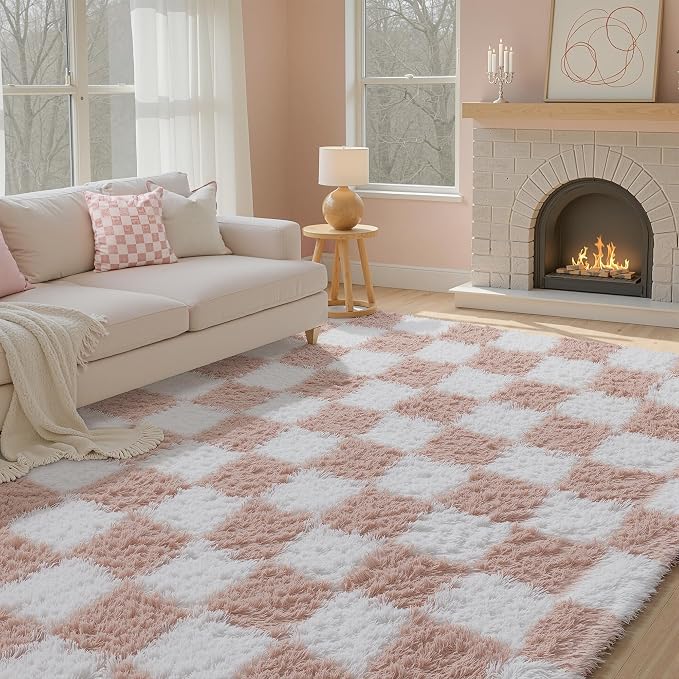 PureCozy Checkered Rug 7x10 for Living Room, Pink and White Modern Shag Rugs Super Soft Washable Indoor Office Fuzzy Carpet Non-Slip Fluffy Rugs for Bedroom Home Aesthetic Decor
