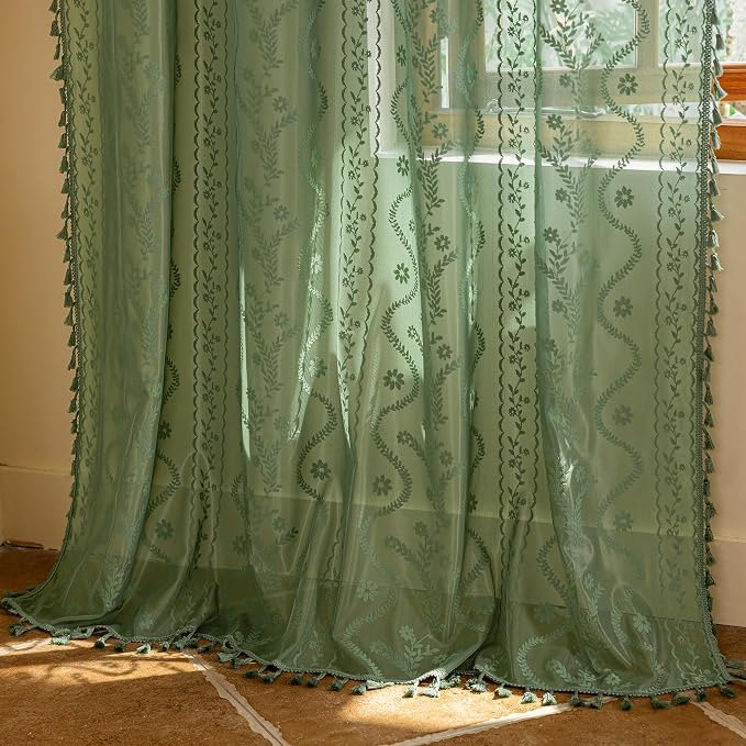 WAZZIO Boho Lace Curtains 2 Panels 63 Inches -Vintage Victorian Sheer Panel Drape French Country Floral Pattern & Tassel Light Filtering Privacy for Bedroom Dining Living Room,Dark Sage Green,W52x L63
