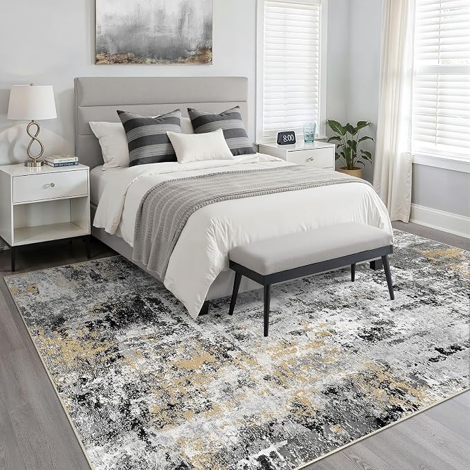 5x8 Area Rug Living Room: Washable Large Abstract Neutral Modern Soft Rug Stain Resistant Indoor Floor Non-Slip Accent Carpet for Bedroom Nursery Playroom Dining Room Office Dorm Home- Black Gold