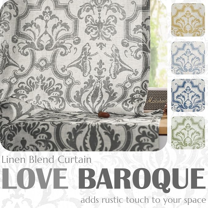 jinchan Linen Valance Curtain for Kitchen Vintage Damask Floral Blackout Valance Double Layer Gray Small Window Curtain for Living Room Bedroom Bathroom 18 Inch Rod Pocket 1 Panel Grey on Beige