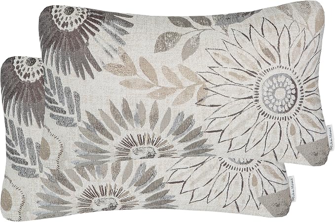 Mika Home Pack of 2 Decorative Oblong Rectangular Throw Pillow Cover Cushion Cases for Chair,Sunflower Pattern,12x20 Inches, Grey Cream