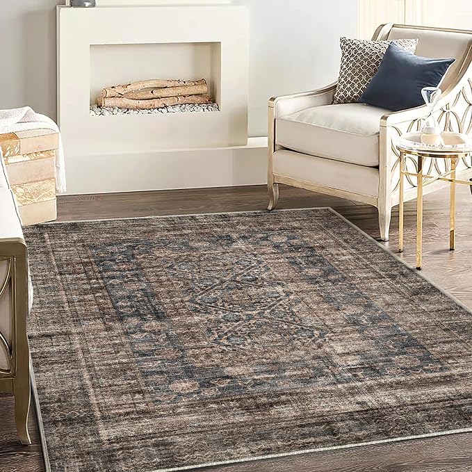 CHAMPLANT Washable Area Rug 4'x6' Vintage Traditional Floor Cover Foldable Thin Rugs Retro Kitchen Indoor Distressed Non Slip Carpet Floral Print Mat Bedroom Living Room