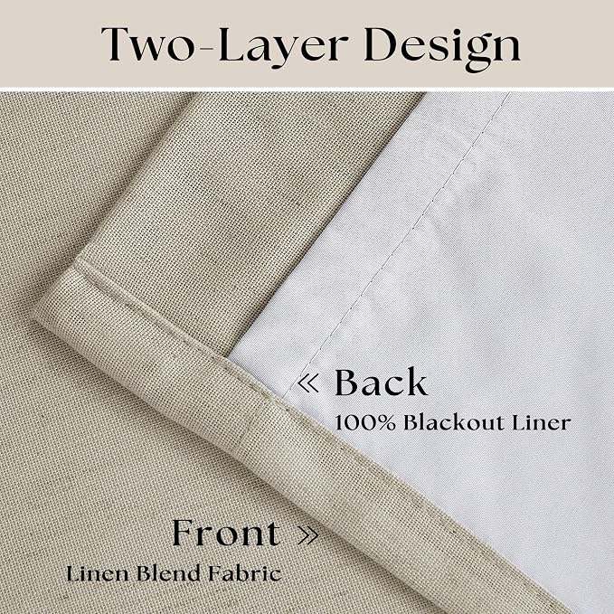 Beige Pinch Pleated 100% Blackout Linen Curtains for Bedroom 84 Inch Length Room Darkening with Liner Oatmeal Neutral Window Curtains 84 Inches Long for Living Room Black Out Pleat Drapes Back Tab