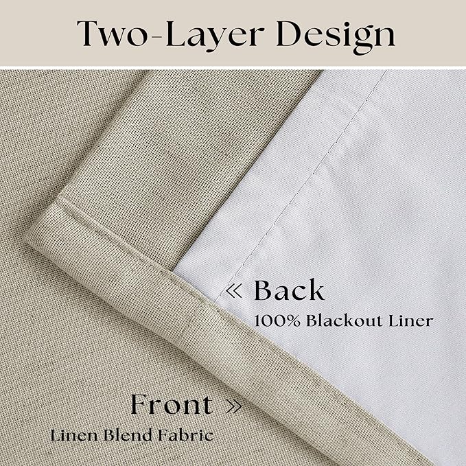Beige Pleated Linen Blackout Curtains 102 Inches Long for Bedroom Living Room Pinch Pleat Black Out Thermal Insulated Ring Hooks Room Darkening Drapes Oatmeal Light Tan Curtains with Liner 40x102