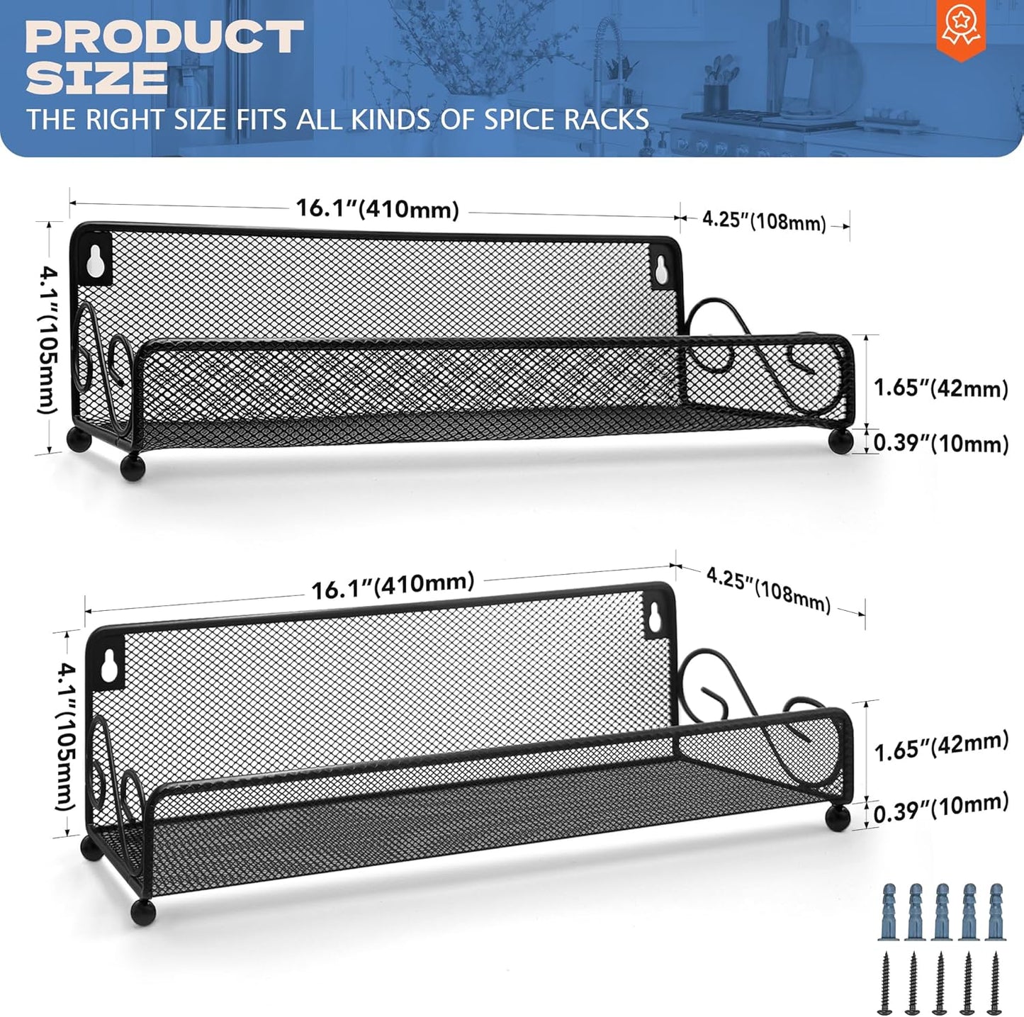 2 pack spice rack organizer for wall mounted or countertop, Jars Storage Organizer, Cabinet Holder, kitchen metal spice seasoning storage for RVs, Cabinet, Pantry Doors, Bathroom, Shower, Home Decor