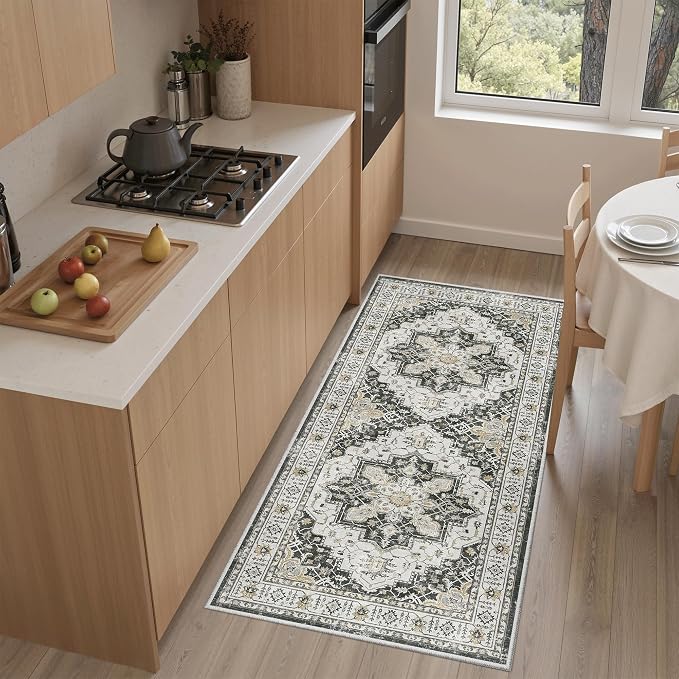 Madane Washable Area Rug 2x4, Small Entryway Rugs Non-Slip, Black | Vintage Printed Door Mat Indoor Entrance, Low-Pile Floor Carpet Runner for Inside Front Bedroom Kitchen Entry Laundry, Stair