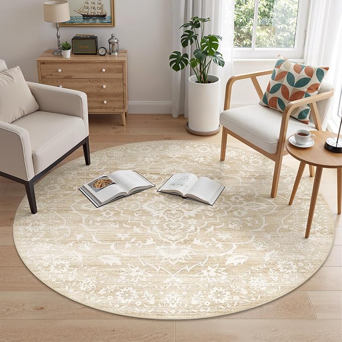 Soalmost Washable Round Rug 6ft for Living Room, Soft Circle Area Rug Beige | Vintage Floral Ultra-Thin Non-Slip Rugs, 6x6 Round Throw Carpet for Entryway Nursery Bedroom Kitchen Dining Room 6'Round