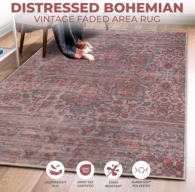 Superior Medallion Indoor Washable Rug, Cotton Backing, Carpet for Dining Table Mud Room, Easy Care, Non-Slip Rug for Dining, Kitchen, Low Pile Area Rug, Manakin Collection, 2' 7" x 8', Teal