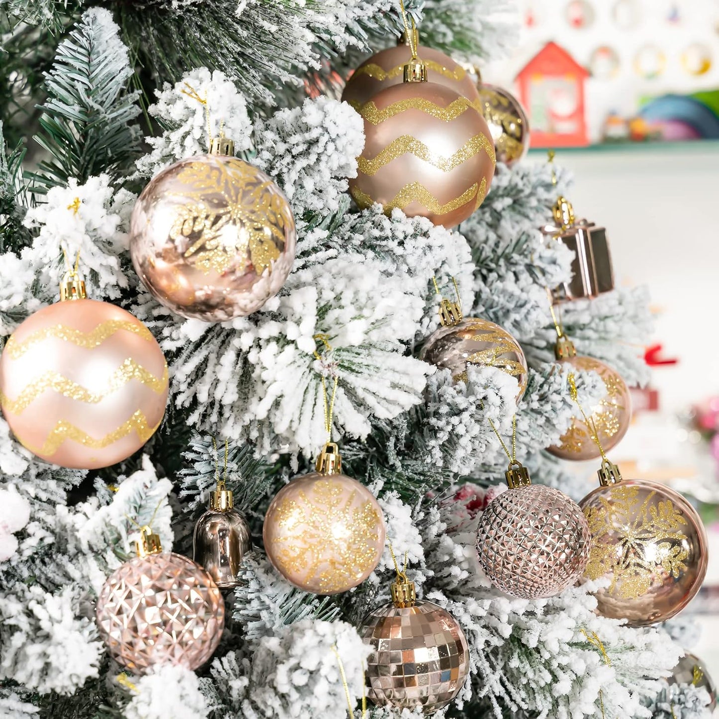 Rose Gold Christmas Ball Ornaments - 116Pc Shatterproof Hanging Decoration Set with Gift Box, Assorted Baubles for Xmas Tree/Home/Wedding/Party/Holiday