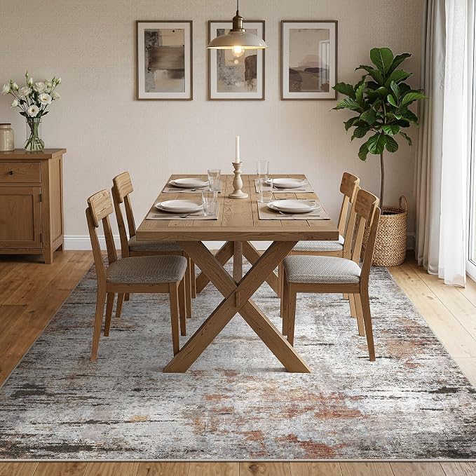 DMOYEST Area Rug Living Room Rugs - 10x14 Large Soft Indoor Neutral Modern Abstract Low Pile Washable Rug Carpet for Bedroom Dining Room Farmhouse Home Office - Grey Rust