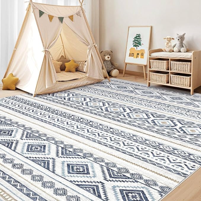cotiled 6x9 Area Rugs Living Room Rug: Washable Boho Rugs with Non Slip Backing Large Soft Indoor Stain Resistant Carpet for Bedroom Farmhouse Dining Room Lightweight Home Decor Blue