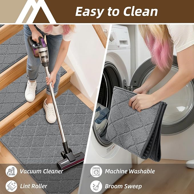 COSY HOMEER Stair Landing Rugs Non-Slip Corner Indoor Edging Stair Treads for Wooden Steps,Washable Soft Stair Landing Mat for Kids,Elder and Dogs,Polyester,TPE Backing,Medium Grey,30x30inch