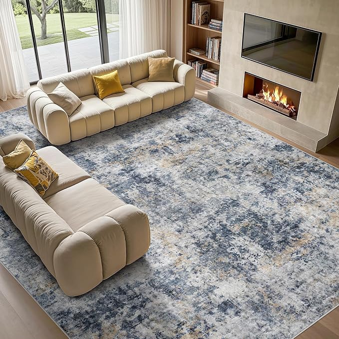 Tortania Washable 10x12 Area Rug for Living Room: Modern Abstract Neutral Large Soft Thin Rugs - Non Slip Indoor Carpet for Bedroom Dining Room Office Nursery Home Floor Decoration - Blue Grey