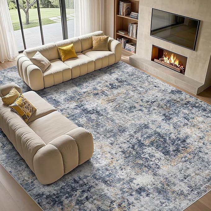 Tortania Washable 9x12 Area Rug for Living Room: Modern Abstract Neutral Large Soft Thin Rugs - Non Slip Indoor Carpet for Bedroom Dining Room Office Nursery Home Floor Decoration - Blue Grey