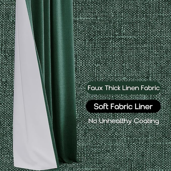 Dark Emerald Green Back Tab Blackout Curtains, Linen Textured Hunter Green Dark Academia Curtains for Bedroom Living Room, 2 Panels