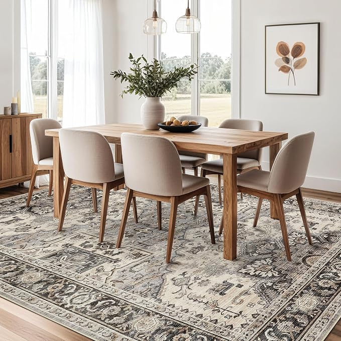 Area Rug for Living Room - 9x12 Soft Machine Washable Oriental Vintage Floral Distressed Large Indoor Floor Carpet for Bedroom Under Dining Table Home Office Decor - Brown