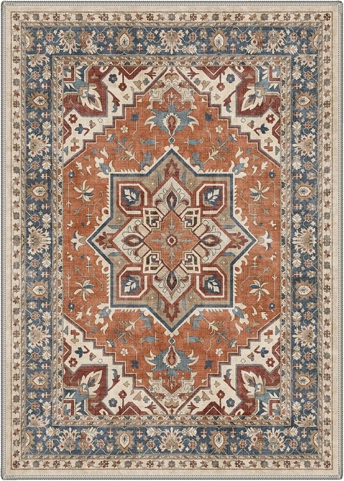 GENIMO 5x7 Floral Medallion Area Rug Machine Washable Non Slip Low Pile, Lightweight Print Pattern Rugs for Living Room Bedroom Dining Room, Dusty Terracotta