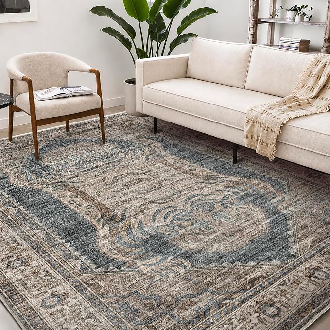 CHAMPLANT Washable Area Rug 9'x12' Retro Boho Design Non-Shedding Easy Care Ideal for High Traffic Areas in Living Room Bedroom Office Coffee Table Kitchen Large Carpet