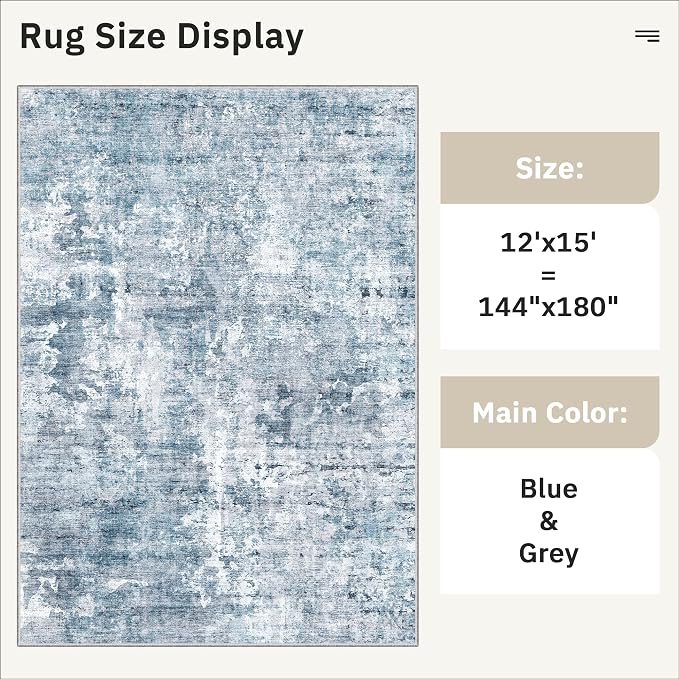 Soalmost 12x15 Washable Area Rug Blue/Grey Neutral Abstract Living Room Large Carpet Non Slip Bedroom Indoor Office Dining Room Low Pile Thin Rug