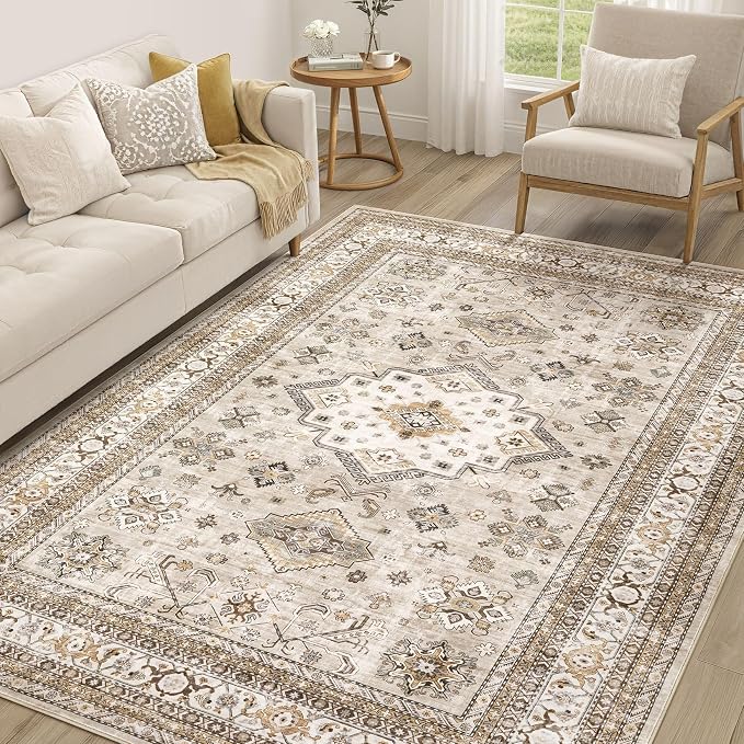 Vintage Living Room Area Rug 6x9 - Large Soft Washable Oriental Traditional Distressed Farmhouse Rugs for Bedroom - Indoor Floor Accent Carpet for Home Office House Decor - Beige