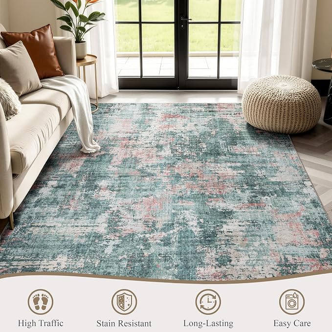 Sasttie 5x7 Soft Area Rug for Living Room, Modern Abstract Washable Carpet for Bedroom, with Non-Slip Backing, Pink and Green