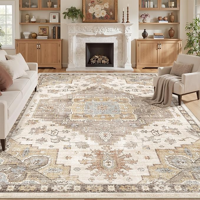 befbee 6x9 Area Rugs for Living Room, Stain Resistant Neutral Washable Rugs for Dining Rooms, Floral Vintage Non-Slip Thin Large Size Area Rug(Brown)