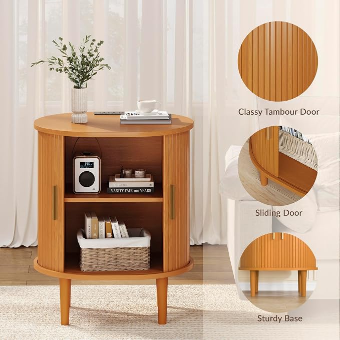 DHH Mid Century Modern Nightstand with Charging Station, Fluted Accent Side Table with Sliding Door & Adjustable Shelf, End Table for Small Space, Living Room, Bedroom,Sofa Couch(1, Yellow)