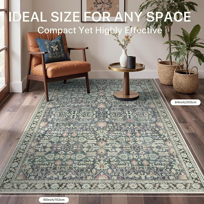 Bavni Area Rugs for Living Room, 5x7 Washable Rug Non-Slip Washable，Ultra-Thin Aesthetic Boho Rug for Bedroom Dinning Room Office,Green/Blue