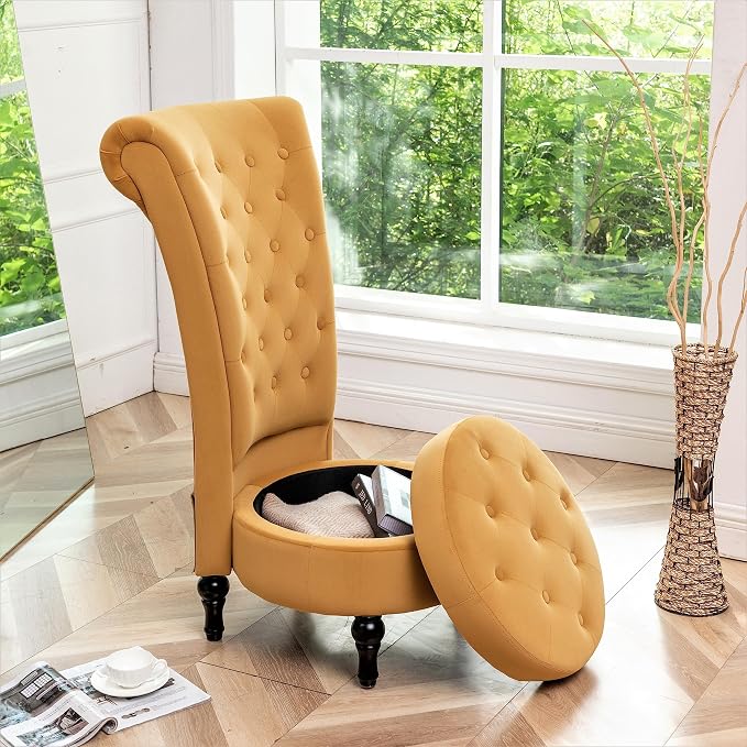 Container Furniture Direct Royal High-Back Velvet Accent Chair for Vanity with Storage and Luxurious Upholstery, Retro Design and Versatile Usage for Livingroom, Bedroom, Lounge and Office, Yellow